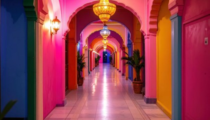 Obraz premium Colorful Bollywood Film Set Hallway with Vibrant Arches and Lighting