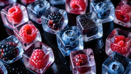 Colorful assortment of frozen berries encased in clear ice cubes, creating a refreshing visual display, perfect for summer beverages and culinary presentations