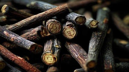 Closeup of Licorice Root Sticks. Botanical Ingredients. Wallpaper Background Texture.