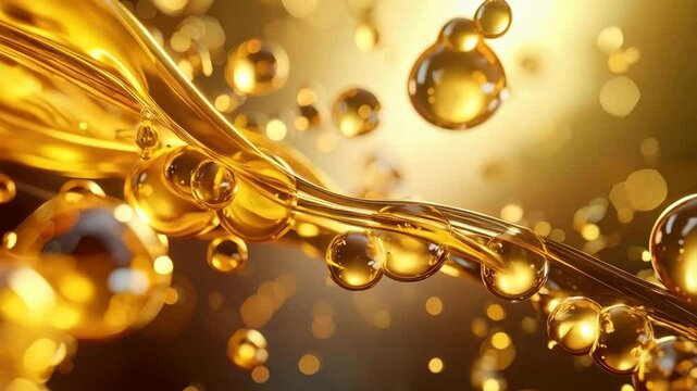 Close up of flowing golden oil liquid with suspended bubbles. Abstract beauty product concept and skin serum, hair treatment liquid.