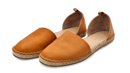 Photo of handcrafted tan leather espadrille flats for women with open heel and jute sole, comfortable, stylish mediterranean-inspired summer shoes, ideal for casual wear, beach outings, and vacations.