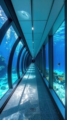 Underwater Research Facility Hallway with Marine Life Views