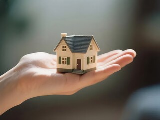 手のひらにあるミニチュアの家 暖かく明るい光と背景のぼかし 不動産と所有の概念