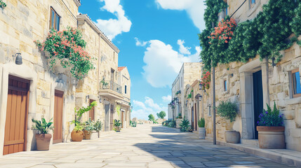 Obraz premium Charming street in a quaint village in Malta in anime style cartoon background layer