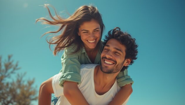 Fototapeta Joyful couple sharing a playful moment on a sunny beach