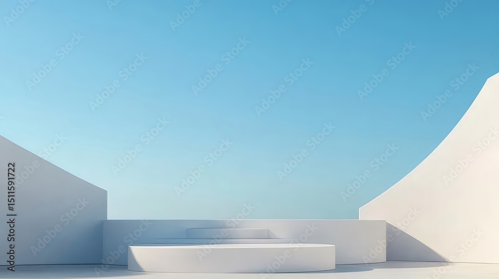 Aufkleber 白い階段と青い空の背景を持つミニマルな建築デザイン