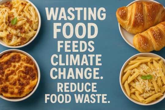 Motivational poster about reducing food waste, featuring pasta, croissants, and bold text on a blue background highlighting climate impact. - Powered by Adobe
