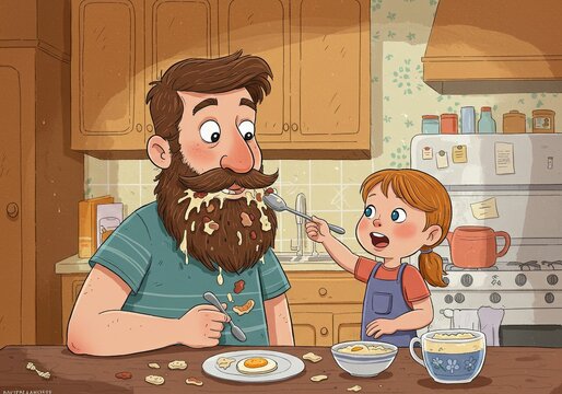 A girl feeds her dad breakfast, getting food all over his beard. Humorous family moment for 아버지의 날 holiday greeting card.