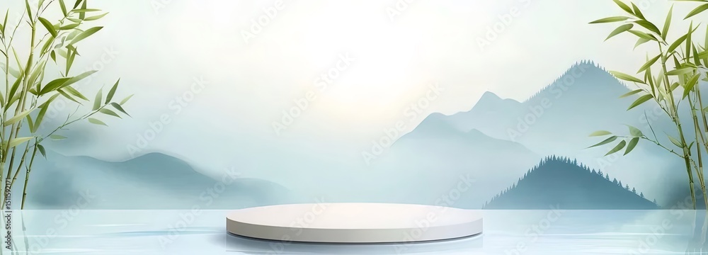 Aufkleber 水面と山の風景を背景に白い円形プラットフォームと緑の竹の葉の装飾