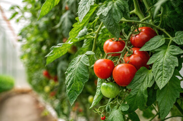 shows a cluster of ripe red tomatoes and a few green ones growing on a tomato plant, with lush green leaves surrounding them in what appears to be a greenhouse setting.