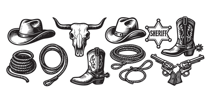 cowboy object set in vintage style hand-drawn engraving woodcut illustration