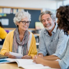 A grandmother and her family members participate in a conference discussing important topics, sharing ideas and experiences in a cooperative setting at a local community center
