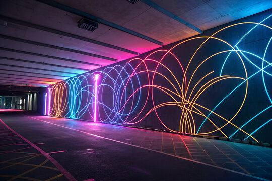 Neon light art installation in modern underpass