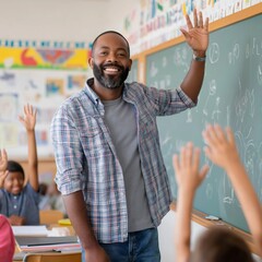 Naklejka premium A cheerful male elementary teacher greets his students in a bright classroom. Children enthusiastically raise their hands, eager to participate in the lesson