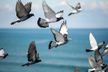 Obraz premium Flock of pigeons in flight over ocean