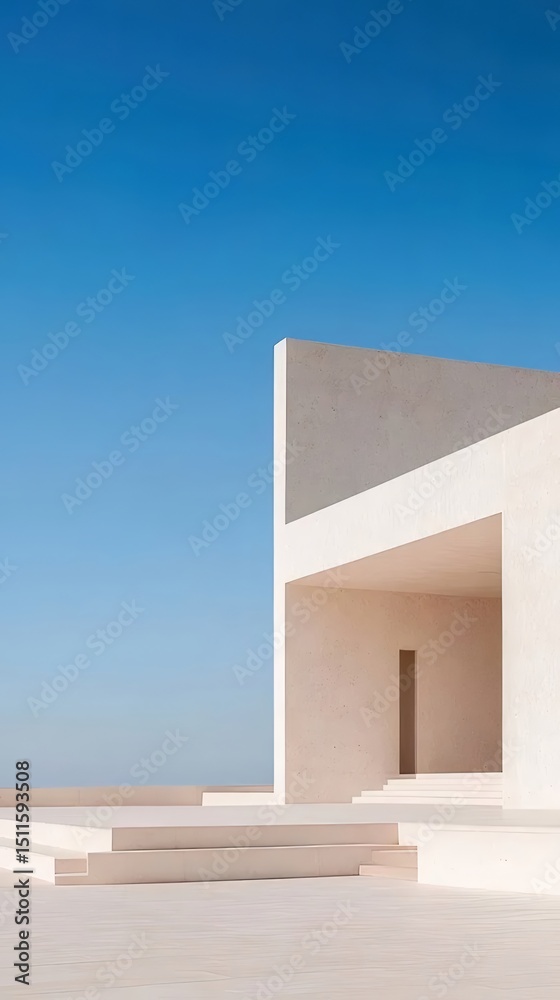 Poster 現代的な建築デザイン 白い砂漠の背景に青い空 幾何学的な形状のエントランスとテラス 太陽の下でのシンプルでミニマルなデザイン