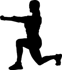 Black vector silhouette illustration of a woman athlete running and exercising