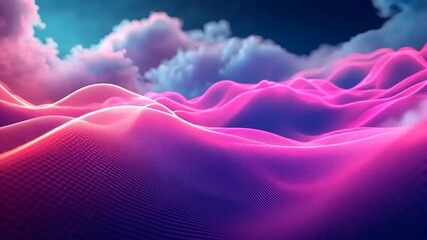 Vibrant abstract landscape with flowing pink and purple waves under a cloudy sky at dusk - Powered by Adobe