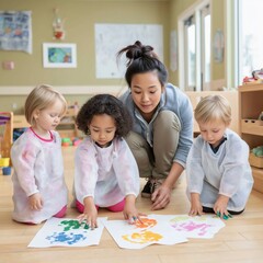Obraz premium Young children enjoy a hands-on painting experience led by an attentive teacher in a warm classroom environment. They explore colors and textures on paper