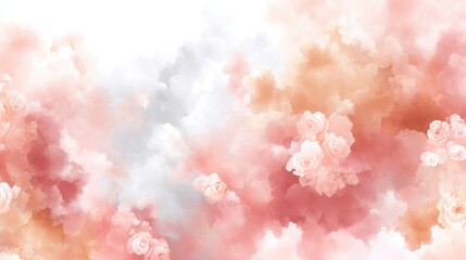 Fototapeta premium Soft pink and peach watercolor clouds blend with delicate roses in a dreamy, ethereal background.
