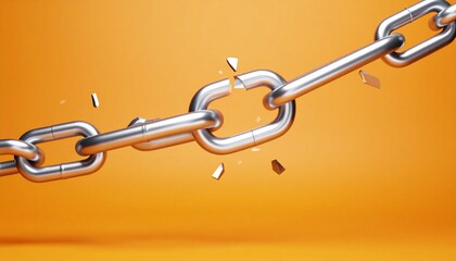 Breaking metal chain against orange background with fragments flying from a snapped link