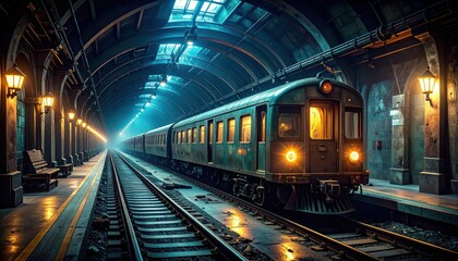 Abandoned Subway Station with Flickering Lights and Old Train