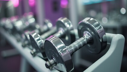 Fototapeta premium Shiny dumbbells lined up in a modern gym