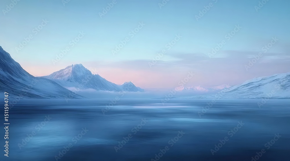 Poster 雪山と凍った湖のパノラマ風景 朝焼けの空と淡い色合いの風景