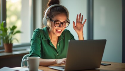 Cheerful woman in headphones waving at her laptop