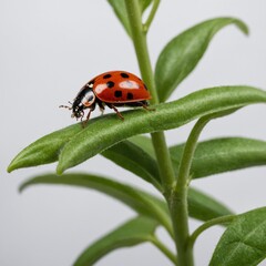 A ladybug walking along a green bean, white background.