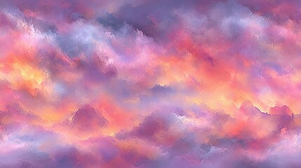 A vibrant abstract painting of a colorful sky with swirling clouds in shades of purple, pink, orange, and yellow.