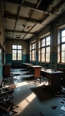 Abandoned Asylum with Crumbling Walls and Rusted Equipment