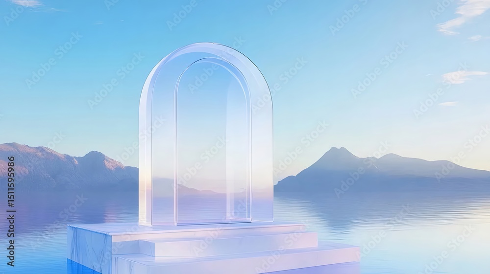 Poster 水面に浮かぶ透明なアーチ構造 青い空と山を背景に静寂と調和を表現した抽象的なビジュアル