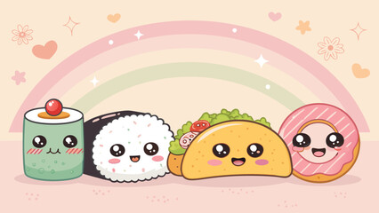 Kawaii style food characters including sushi, tacos, and donuts with expressive faces and cute emotions on a soft pastel background.