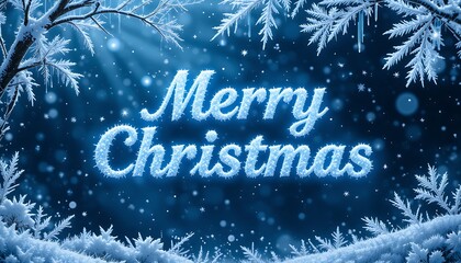 A frosty, winter wonderland Christmas tree with icy branches and blue-white glow, the text "Merry Christmas" in a crisp, frosted , on a shimmering snowflake background.