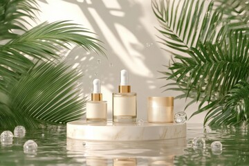 Natural skincare products photo shoot with palm leaves realistic hyper detailed rendering soft pastel tones eye catching tags free flowing lines cute cartoonish design water drops set 2