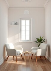 Light chill room interior with chairs and shelf with window. mockup frame. book mockup. 