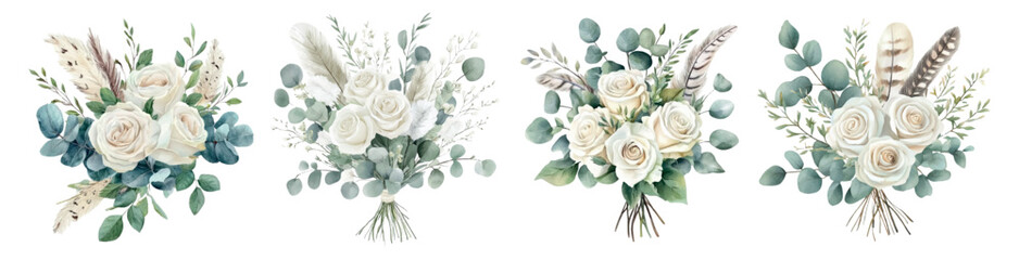Watercolor set of bouquets with white roses and eucalyptus decorated with bird feathers. Elements for wedding designs. Bouquets with flowers and feathers. Vector illustration. © Narin