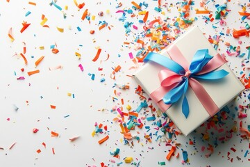 Birthday present with ribbon isolated on white background. A white box with a pink and blue ribbon sits on top of a pile of colorful confetti.