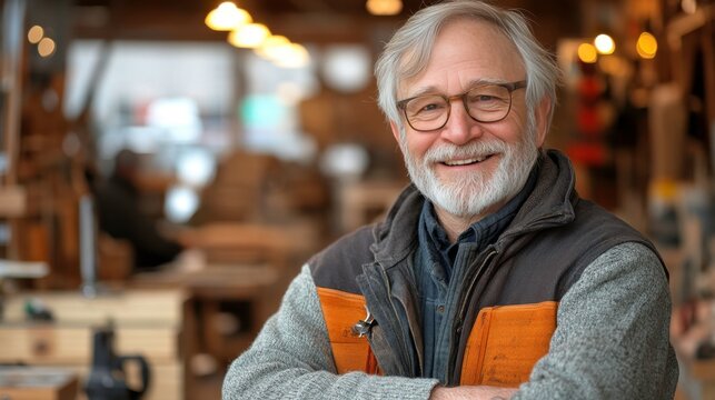 Elderly Craftsman Smiling in Workshop Surrounded by Tools and Wood