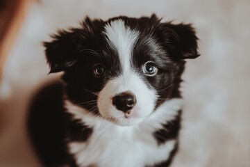 Border collie puppy isolated on white background. A black and white puppy is looking up at the camera. The puppy is small and cute.