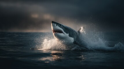 A giant shark breaching the ocean surface with power and force, captured like a sea monster rising from the deep blue water.






