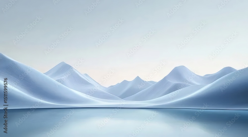 Poster 雪山と湖面の静寂な風景 青色基調の清らかな自然背景 穏やかな光と反射が織りなす幻想的な世界