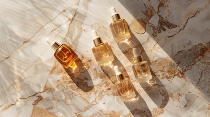 Luxury Skincare Flat Lay With Serum Bottles on Marble in Golden Hour Light