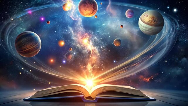 Open book with glowing pages reveals magical swirling universe of planets and stars