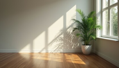 Fototapeta premium Sunlit room with a lush green plant casting shadows