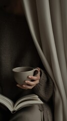 Woman reading a book and holding a cup of coffee behind curtains