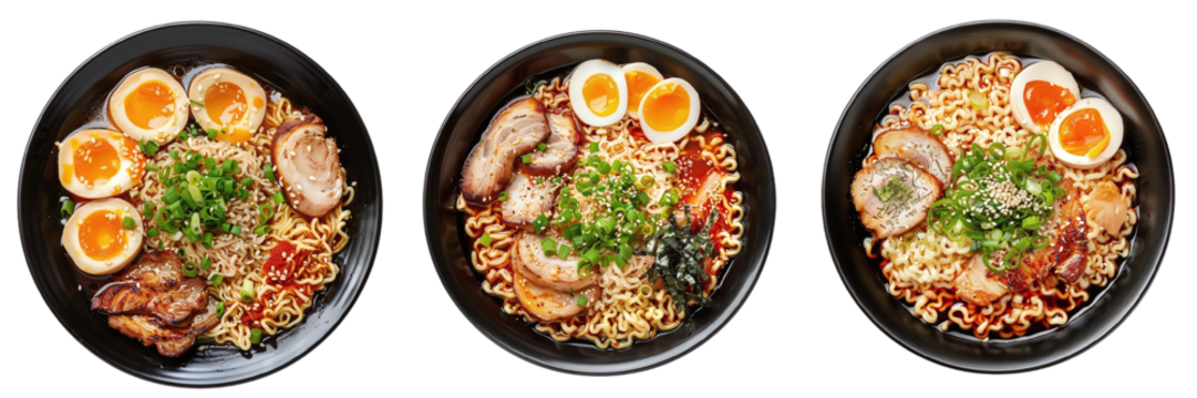 Set of various traditional Asian ramen soups isolated on transparent background PNG