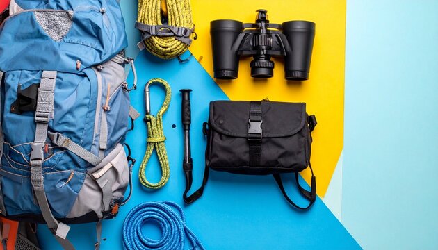 camping gear layout flat lay of essential items on vibrant background - Powered by Adobe