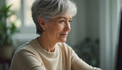 Thoughtful elderly woman working on a computer